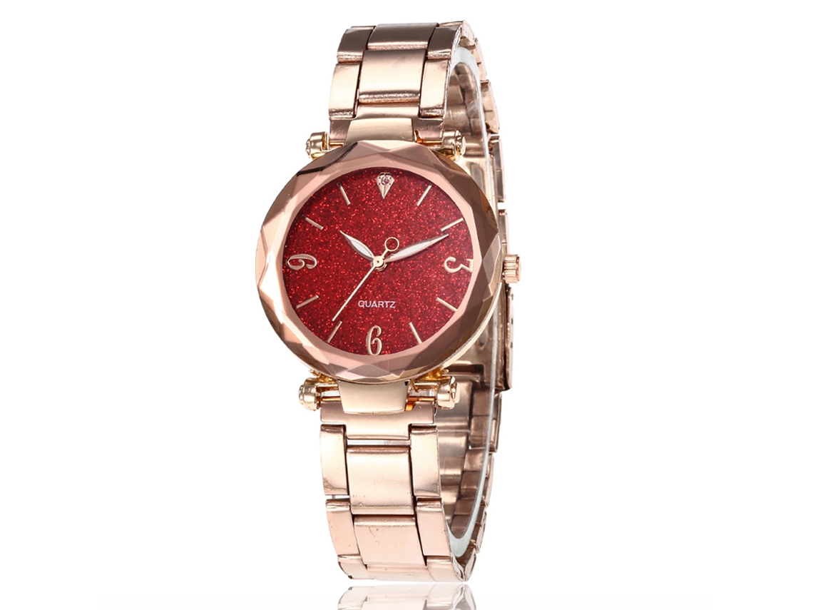 Relógio de Pulso Feminino de Aço com Mostrador Redondo Brilhante Cor Sólida Quartz