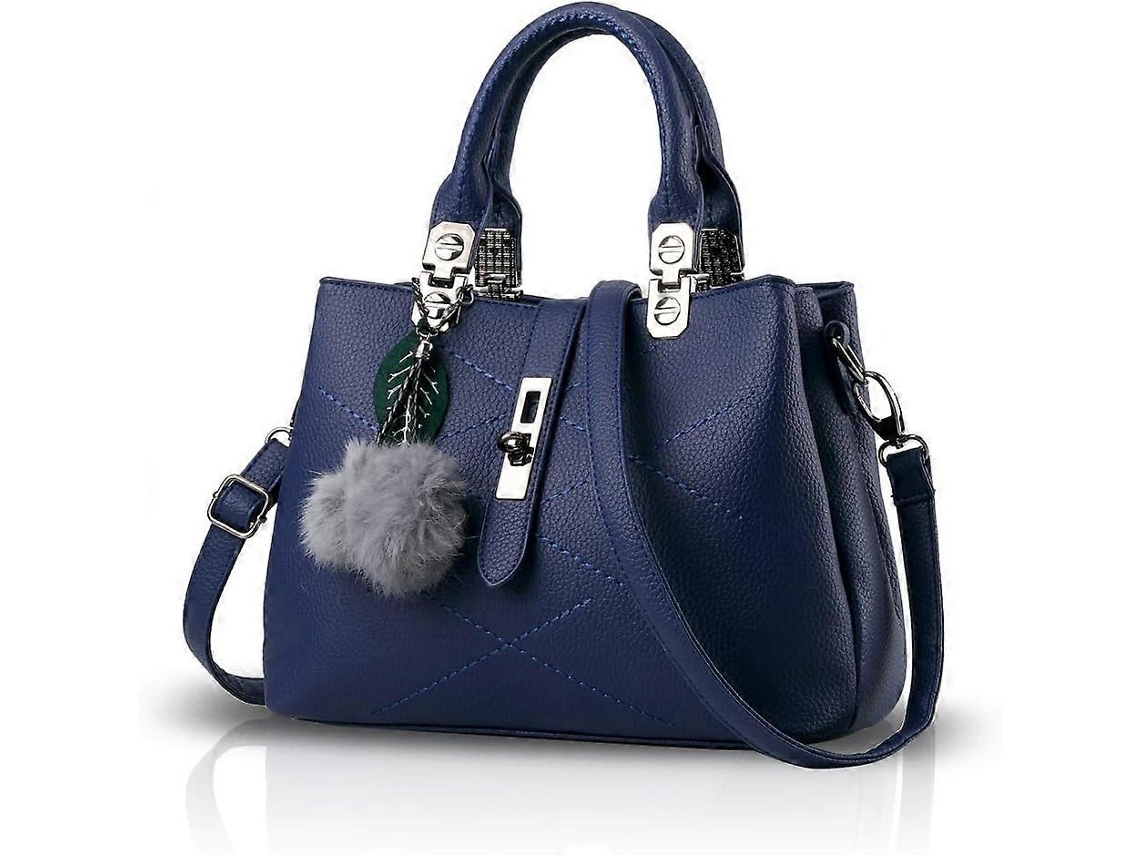 Bolsa De Mão E Ombro De Couro Azul Com Pompom Para Mulheres--