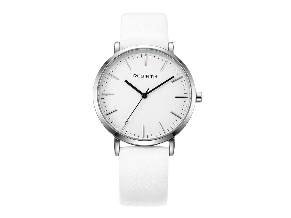 Relógio de Pulso Feminino Rebirth Moda Quartzo Couro Pu Branco Minimalista