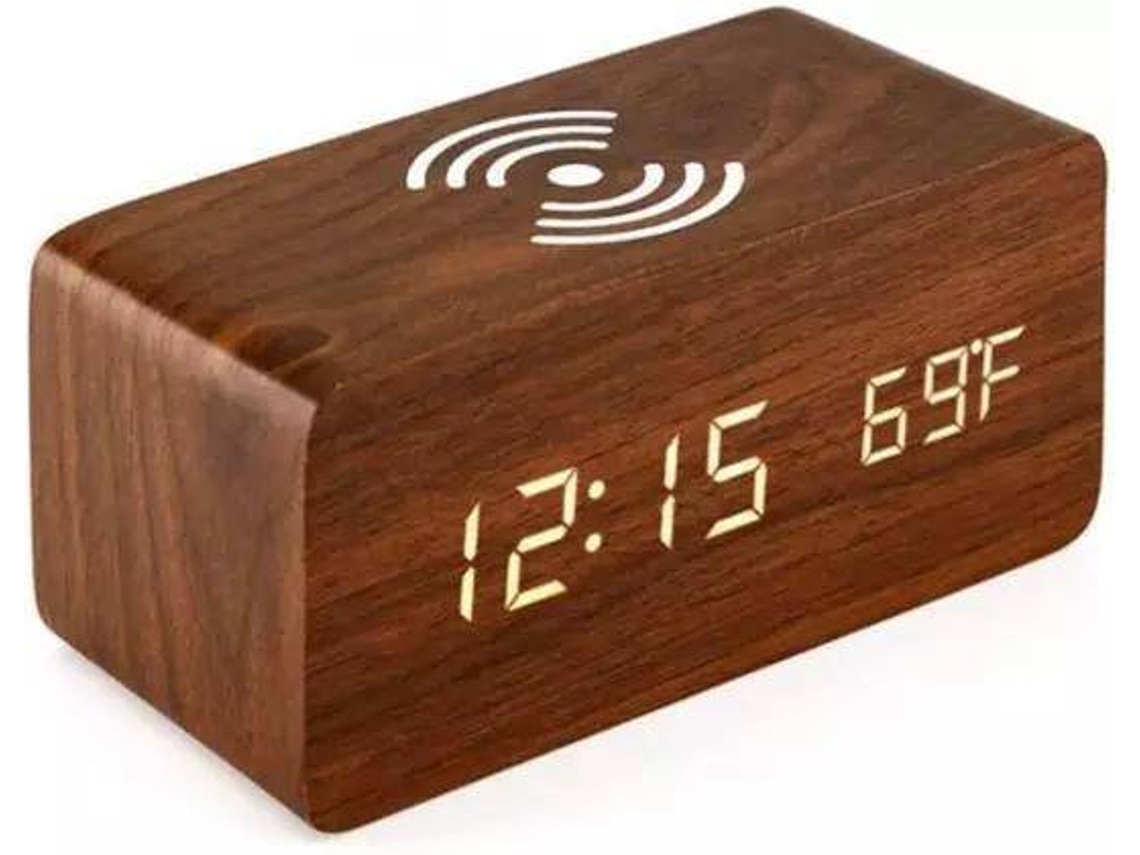 Relógio Despertador Carregador Wireless Qi Castanho