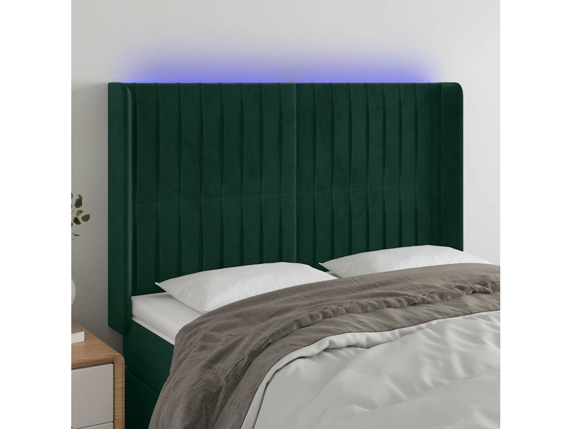 Vidaxl Cabeceira De Cama C/ Led Veludo 147x16x118/128 Cm Verde-escuro