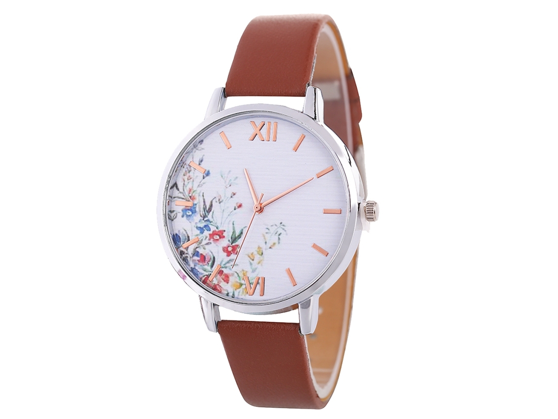 Relógio Feminino de Quartzo com Pulseira de Couro Pu e Mostrador Floral Moda Luxuosa Café