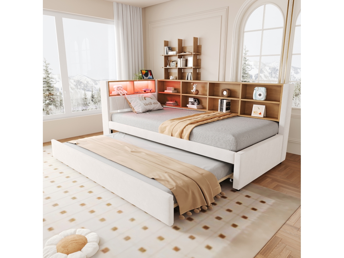 Sofá-cama 90x200 Cm Com Cama Auxiliar 90x190, Led, Tomadas E Arrumação, Estofada, Flanela Bege
