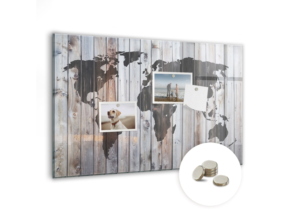Quadro De Vidro Magnético Mundo Em Tábuas De Madeira Para O Escritório Espelharte (60x40 Cm)
