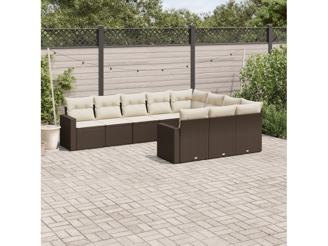 Vidaxl 10 Pcs Conj. Sofás Jardim Com Almofadões Vime Pe Castanho