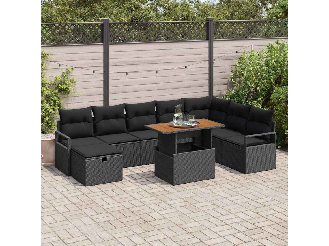 Vidaxl Conjunto De Sofá De Jardim Com Almofada 9 Pcs Preto Vime Pe