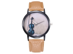 Relógio de pulso masculino de quartzo ultrafino e minimalista com pulseira de PU bege.