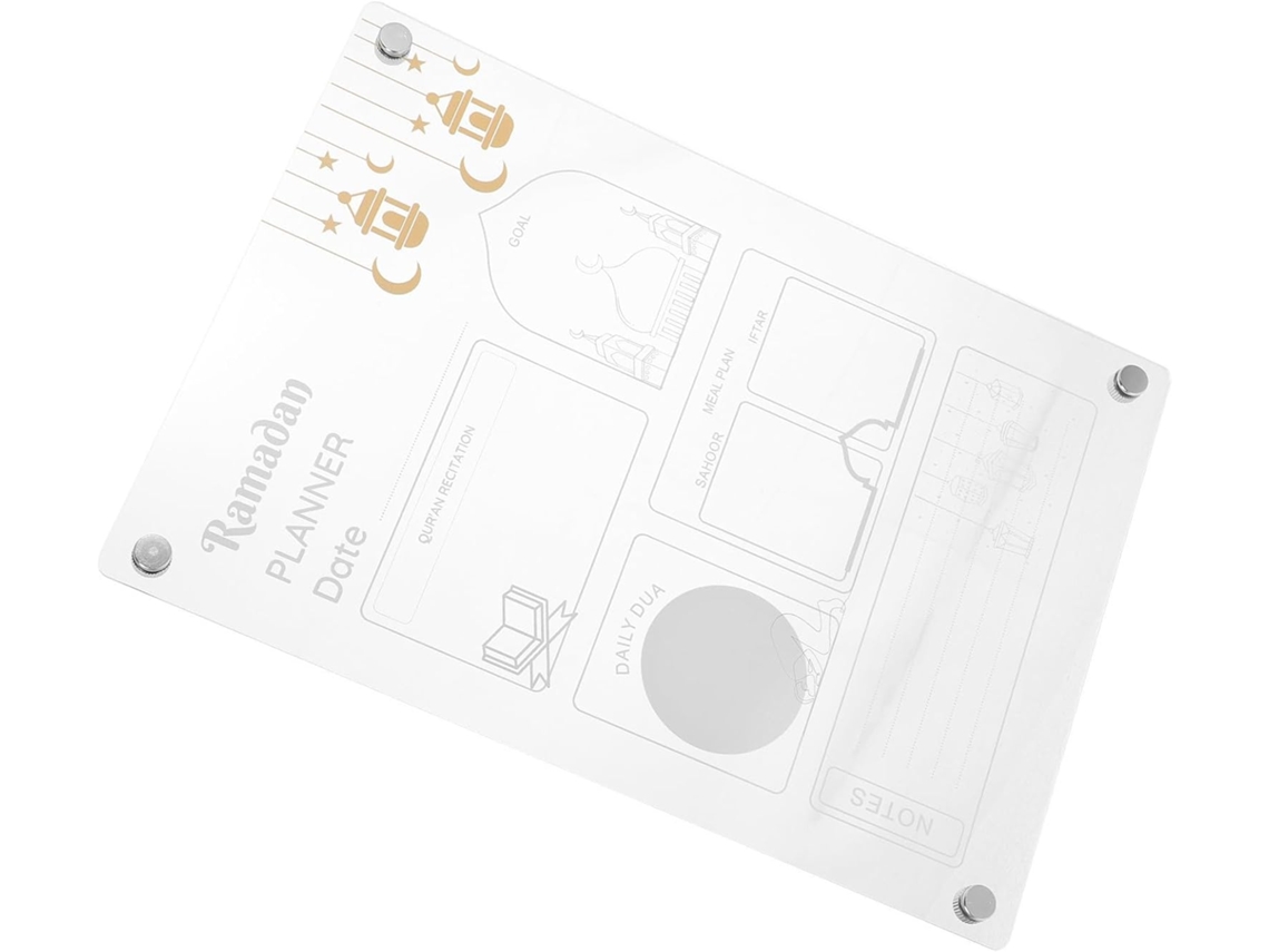 Quadro magnético de acrílico branco para geladeira, ideal para planejamento de refeições.