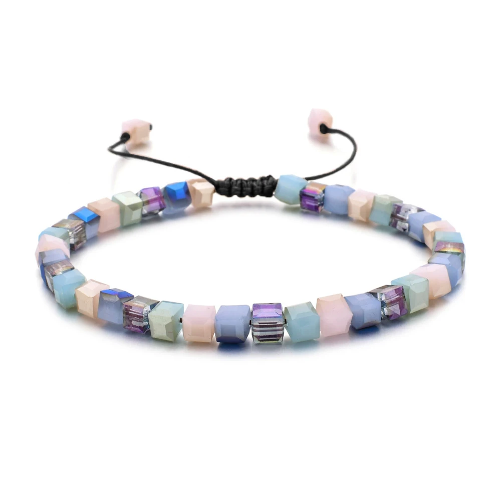 Pulseira Quadrada com Contas de Cristal e Cordão Trançado Ajustável. MDUG