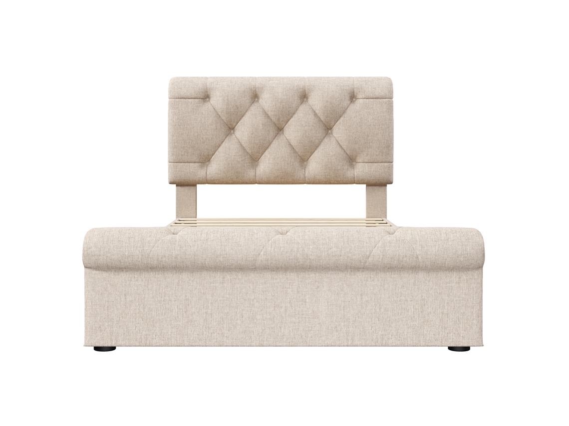 Cama de Solteiro Estofada 90x200 Cm com Gavetas, cabeceira Ajustável Chesterfield, cor Natural e Colchão Incluído PAPRIKA