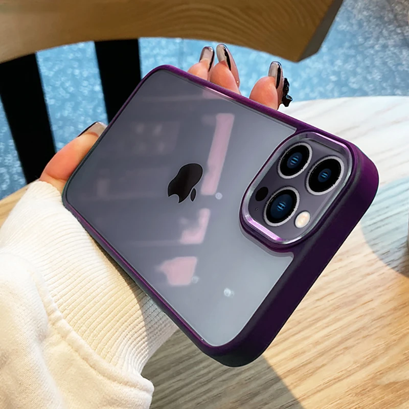 Capa Protetora Transparente Com Lente De Metal Para Iphone 13 Pro Max (roxo Escuro)