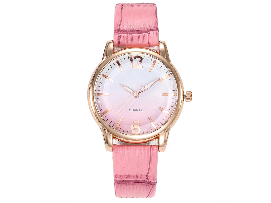 Relógio de Pulso Feminino de Quartzo com Pulseira de Pu Simples e Estiloso Rosa