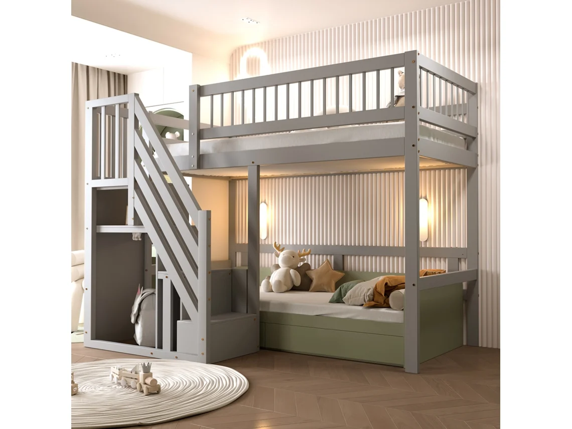 Cama 90x200 Madeira Maciça Com Escada Armário Cinza Alta Execução
