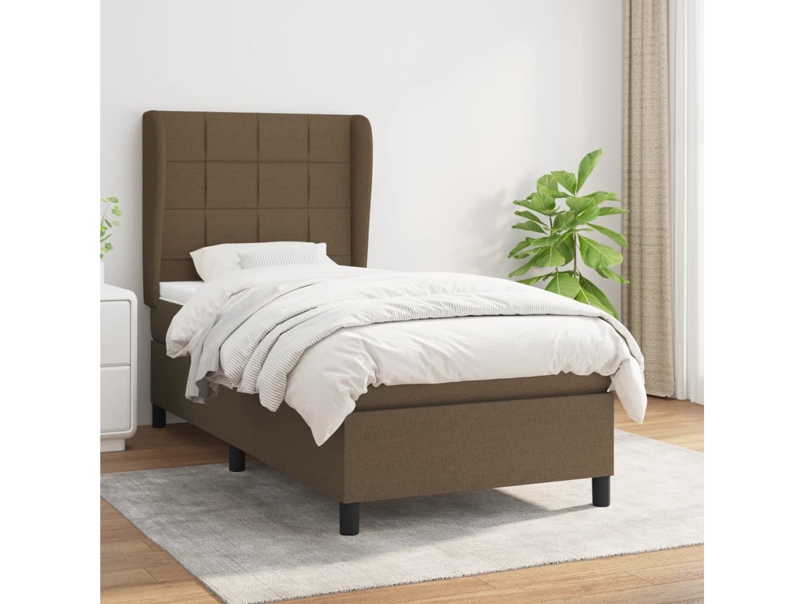 Cama com Colchão de Molas e Cabeceira Tecido Castanho-escuro (90x190 cm)