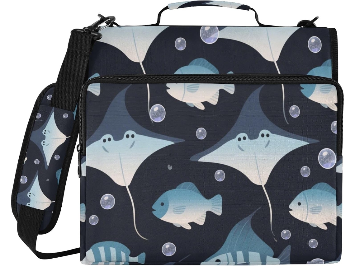 Este modelo com zíper de 3,8 cm e 1,5 polegadas com estampa de estrelas do mar em marrom e azul, com 3 argolas e alças inclusas.