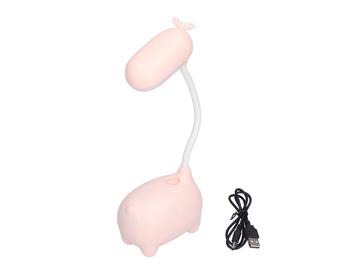 Luminária LED infantil regulável com luz suave de 360° e conexão USB para leitura no quarto.