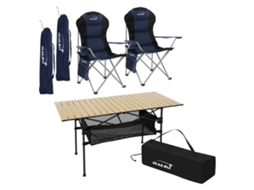 Conjunto de Mobiliário de Campismo de 3 Peças 1X Mesa Bege 2X Cadeiras de Campismo Dobráveis em Azul HAUKI