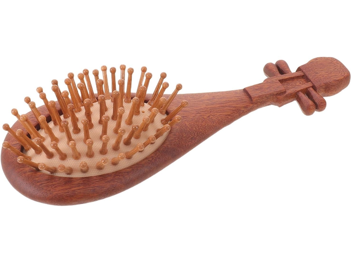 Caneta de massagem portátil em madeira marrom com design da Alaúde Chinês, acabamento.