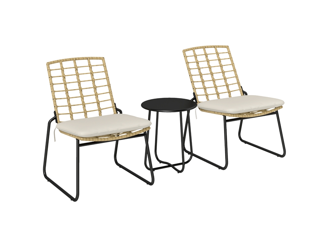Conjunto De Móveis De Jardim De 3 Peças, 2 Cadeiras De Vime, 1 Mesa Com Tampo De Metal, Almofadas Para Assento, Conjunto Bistrô, Bege E Marrom