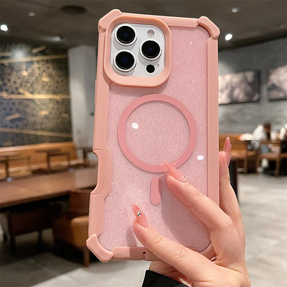 (iphone 14, Rosa) Capa Magnética Magsafe Com Glitter Para Iphone, Proteção Contra Quedas.