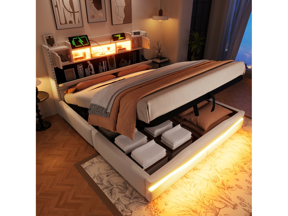 Cama Hidráulica 160x200 Bege Com Usb-c, Led E Compartimento No Cabeçote