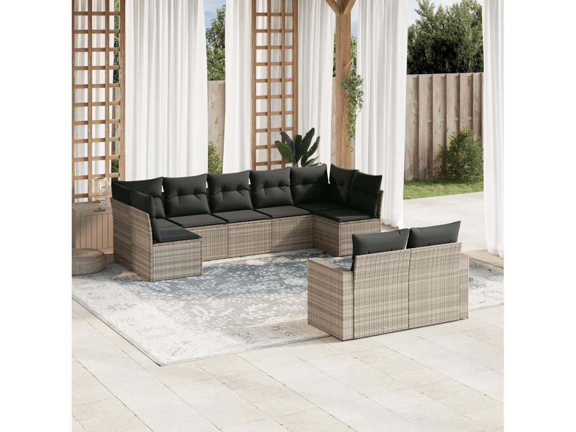 Vidaxl 9 Pcs Conj. Sofás Jardim Com Almofadões Vime Pe Cinzento-claro