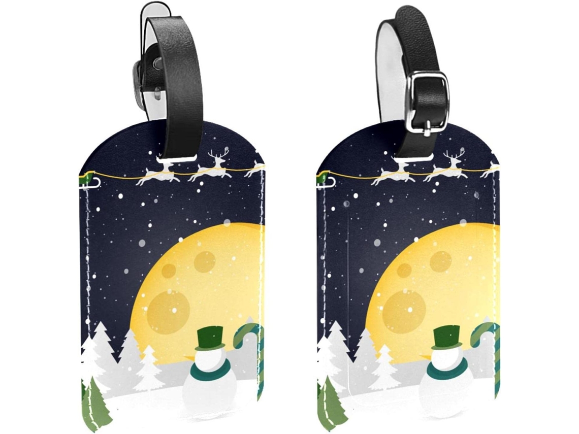 Conjunto De 2 Etiquetas Bagagem Em Couro Pu Proteger Sua Privacidade Desenhos Boneco Neve, Alce E Lua