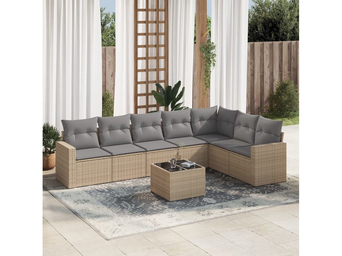 Vidaxl 8 Pcs Conjunto De Sofás P/ Jardim Com Almofadões Vime Pe Bege