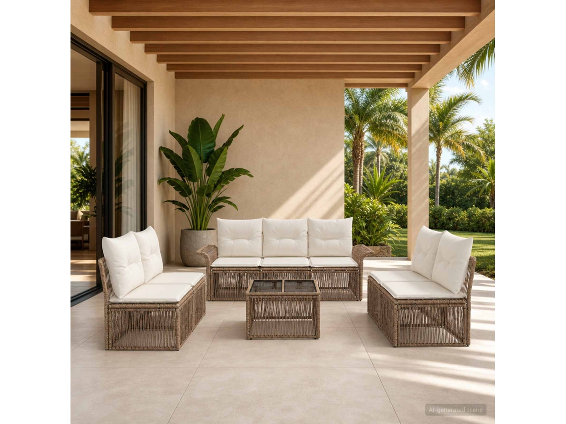 Vidaxl Conjunto De Sofá De Jardim 8 Unid. Bege Vime Pe