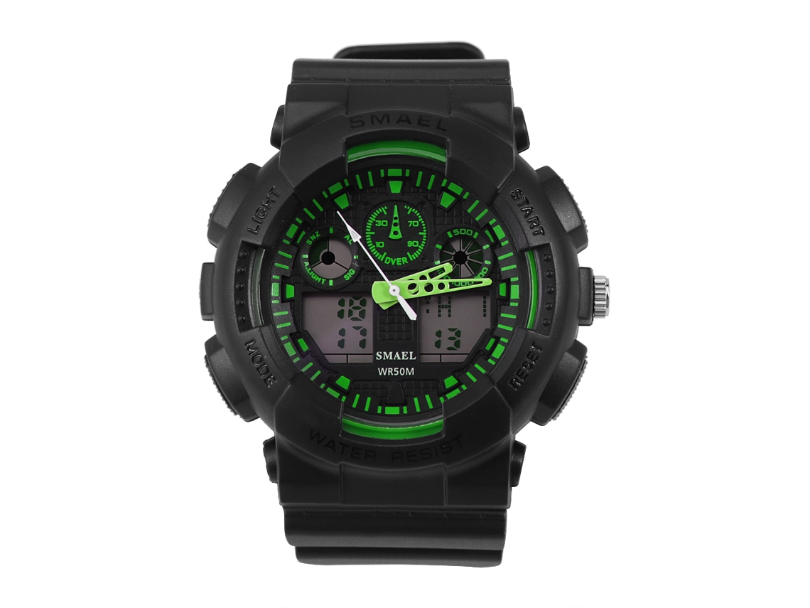 Relógio esportivo Smael, com visor duplo de LED analógico e digital, pulseira de plástico, preto e verde.