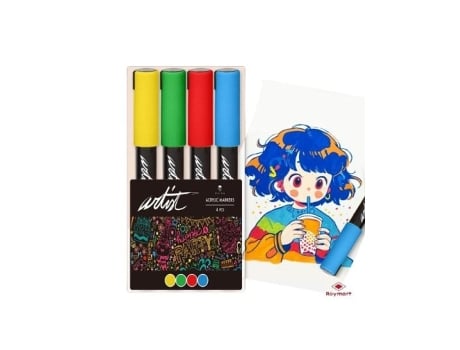 Estojo 4 marcadores Acrylic Markers cores amarelo, azul, vermelho e verde