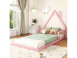 Cama Cabana Infantil 90x200 Cm Madeira, Estrado Ripas, Design Casa, Estilo Moderno, Rosa KOMHTOM