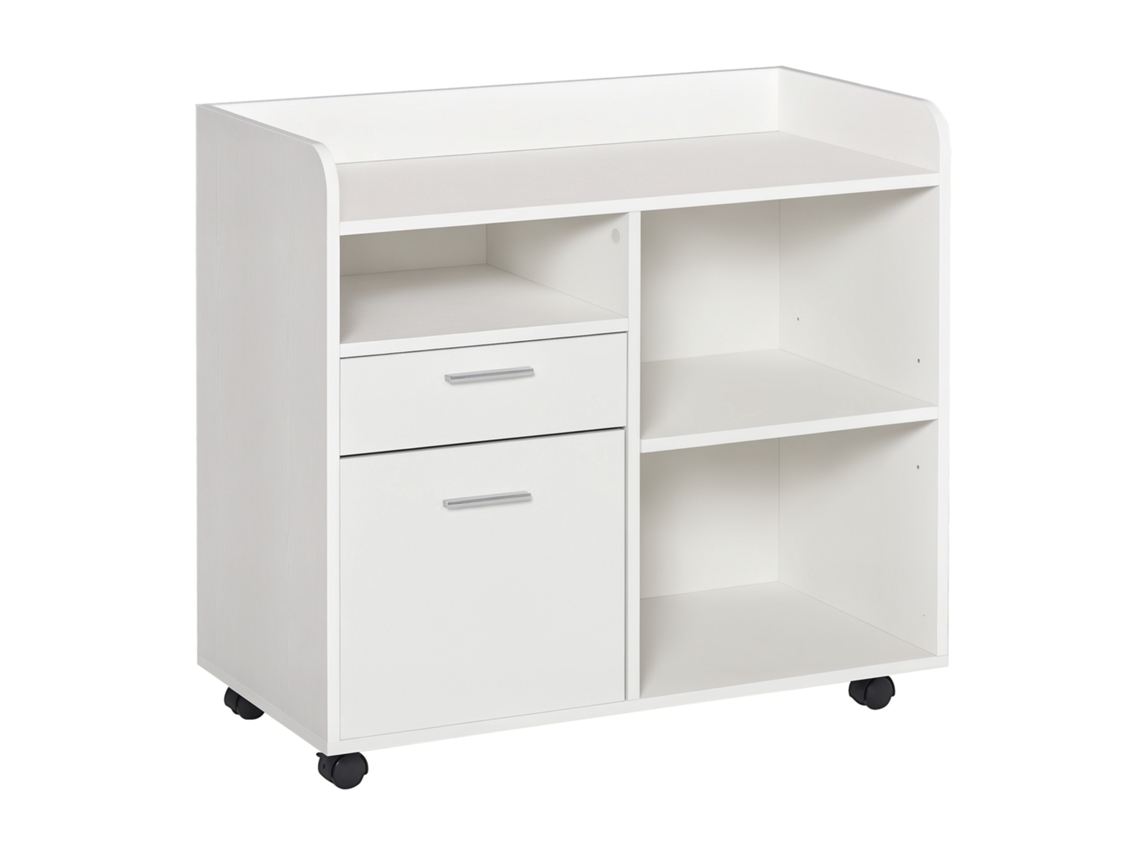 Armário Para Impressora Com 3 Compartimentos 2 Gavetas Para Arquivos Prateleira Ajustável 2 Rodas Com Freios 80x40x72 Cm Branco