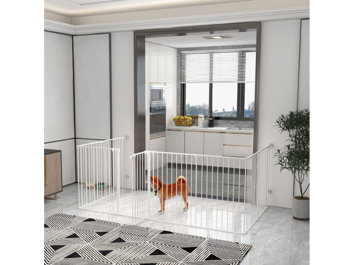 Parque de 8 Painéis 64x90 Cm Dobrável Aço com Duplo Travamento Função Bloqueio e Formato Modular Branco