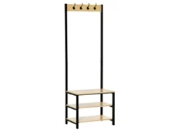 Cabide Suporte de Metal Aço e Mdf Cor Preto e Cor de Madeira 60x40x175 cm Homcom