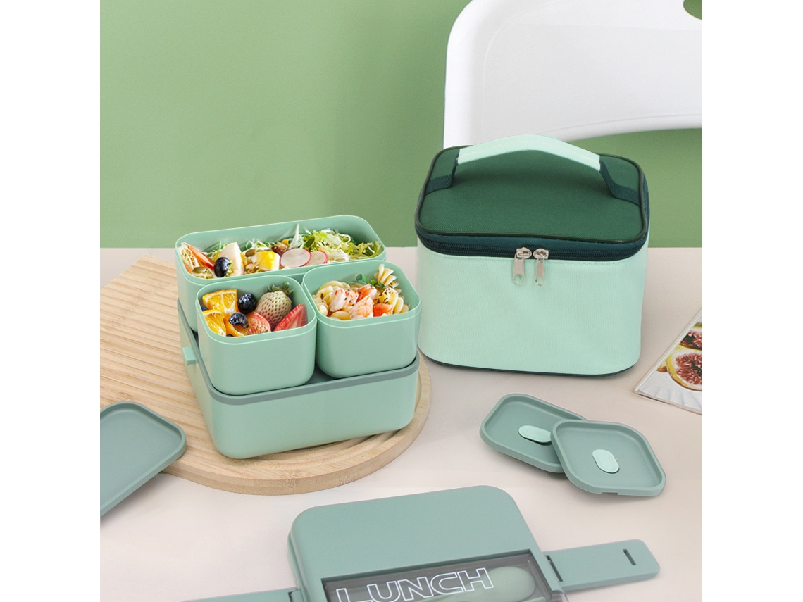 Lancheira Térmica De Duas Camadas Com Compartimentos Quadrados De Plástico Com Saco (verde Com Saco) 17*16*12.5cm