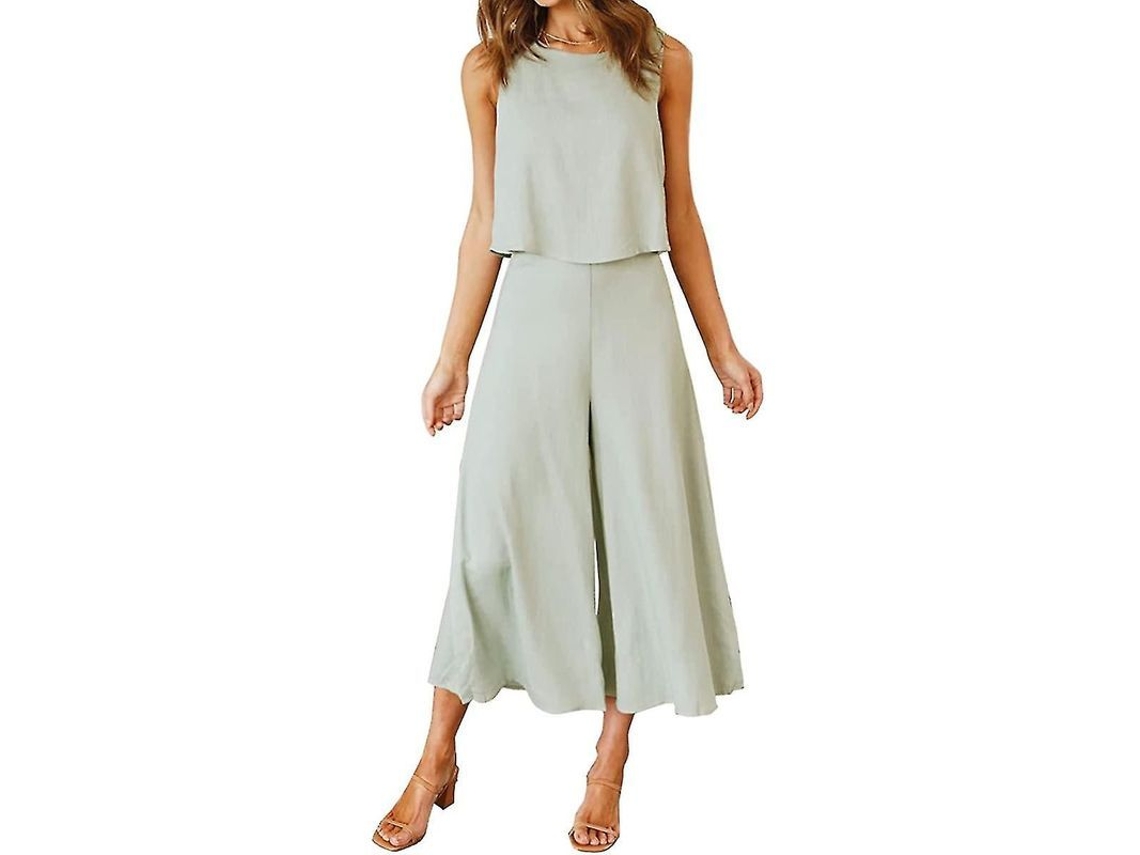 2026 conjunto de 2 Piezas para Mujer Roylamp Verano: Top Básico de Cuello Redondo Y Pantalones Anchos Cropped