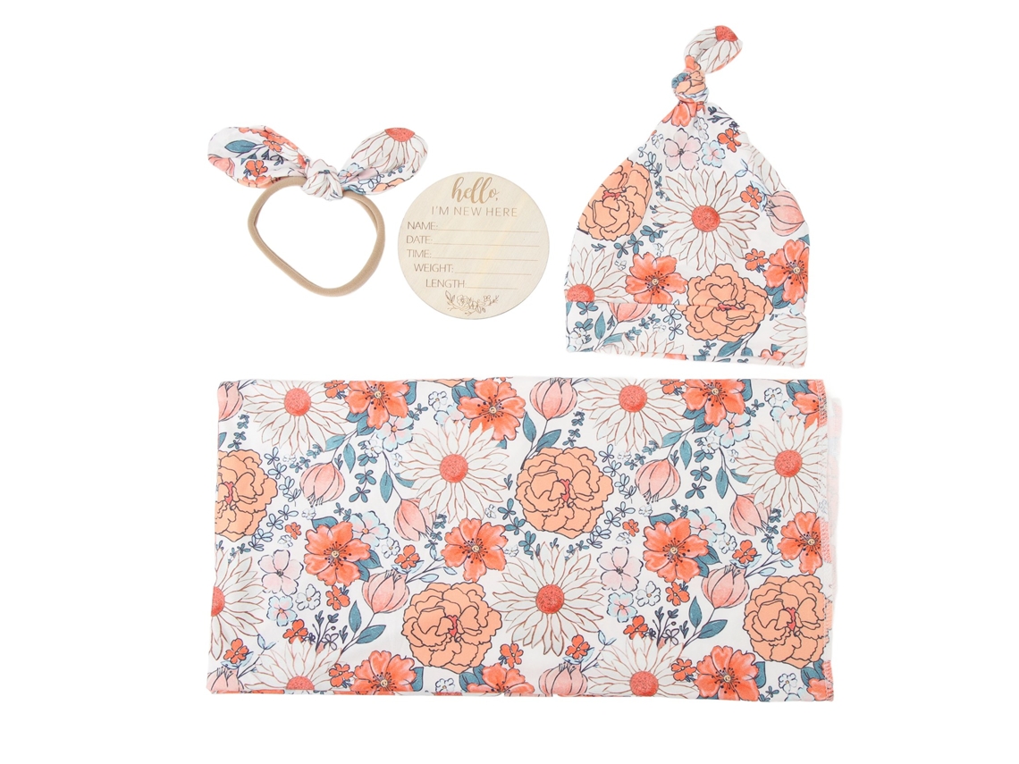 Mali conjunto 4 Peças Manta Embrulho Bebê Recém nascido Estampa Floral com Tiara