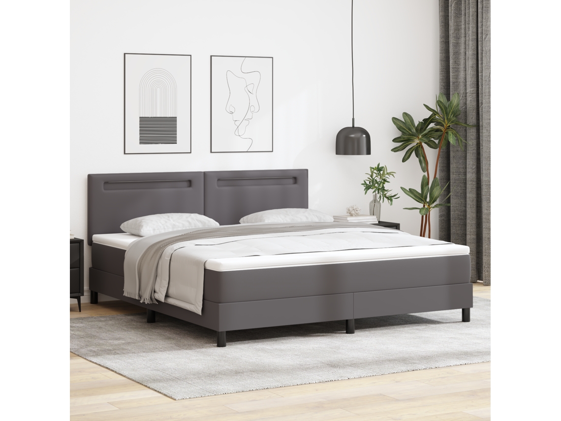 Cama Box Com Colchão Cinza, Super King Size, Em Couro Sintético