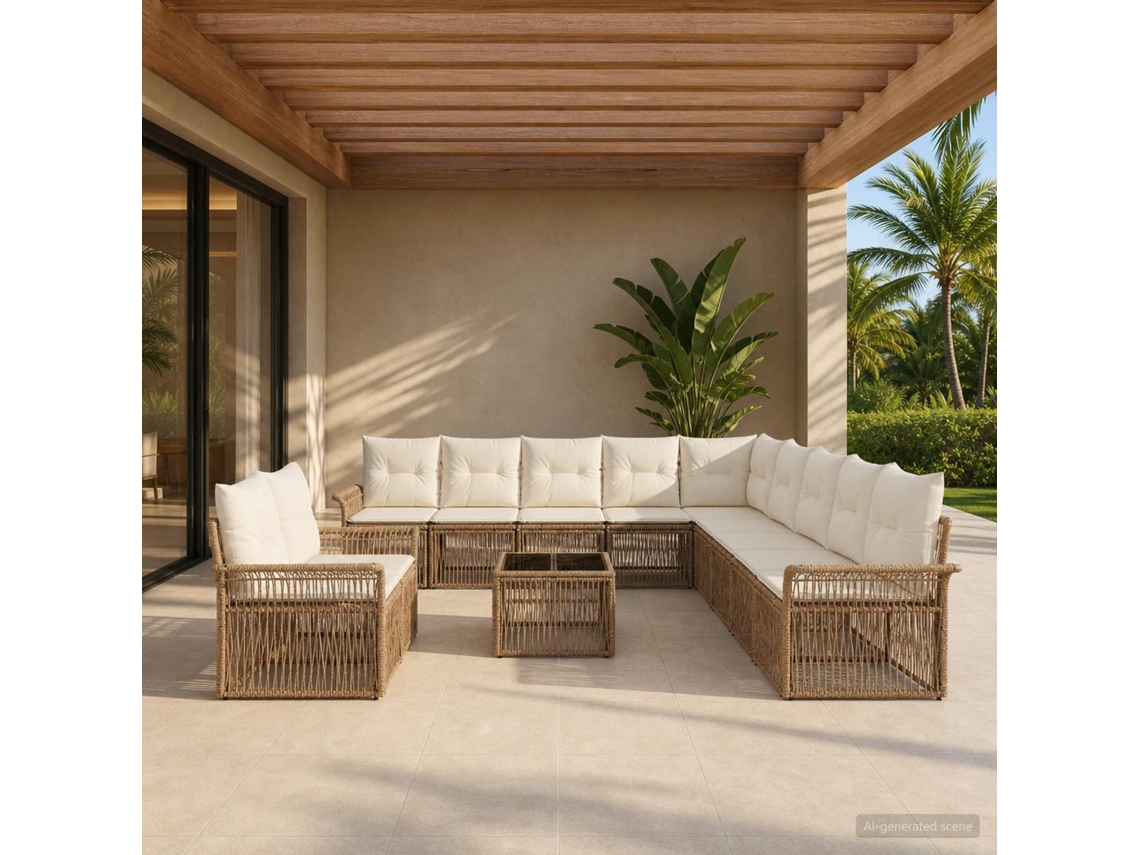 Vidaxl Conjunto De Sofá De Jardim 12 Unid. Bege Vime Pe