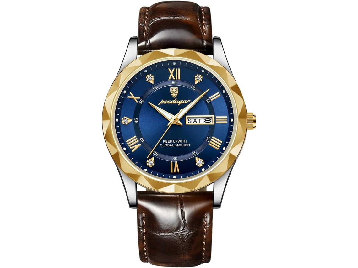 Lurelia Relógio Masculino, Data/calendário, Luminoso, Detalhes Com Strass, Couro, Abs, Resistente À Água, Verde, Dourado