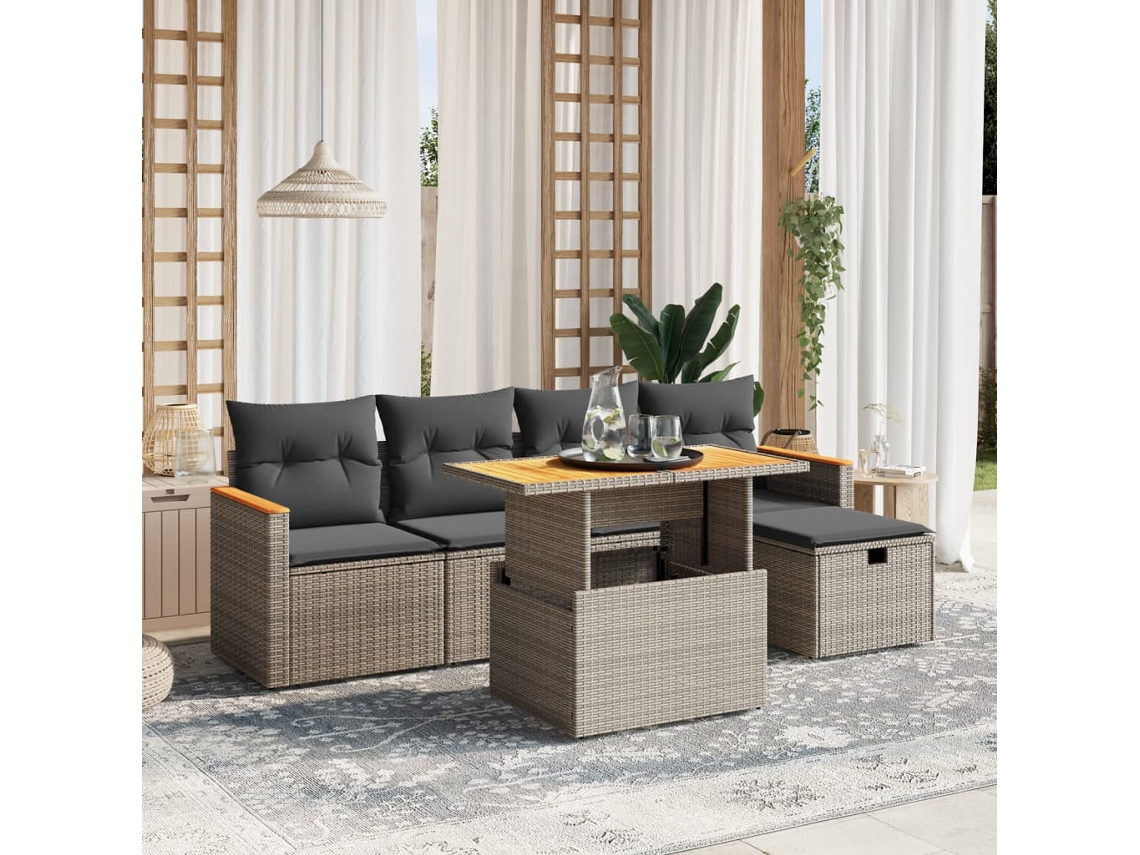 Vidaxl 6 Pcs Conjunto Sofás De Jardim Com Almofadões Vime Cinzento
