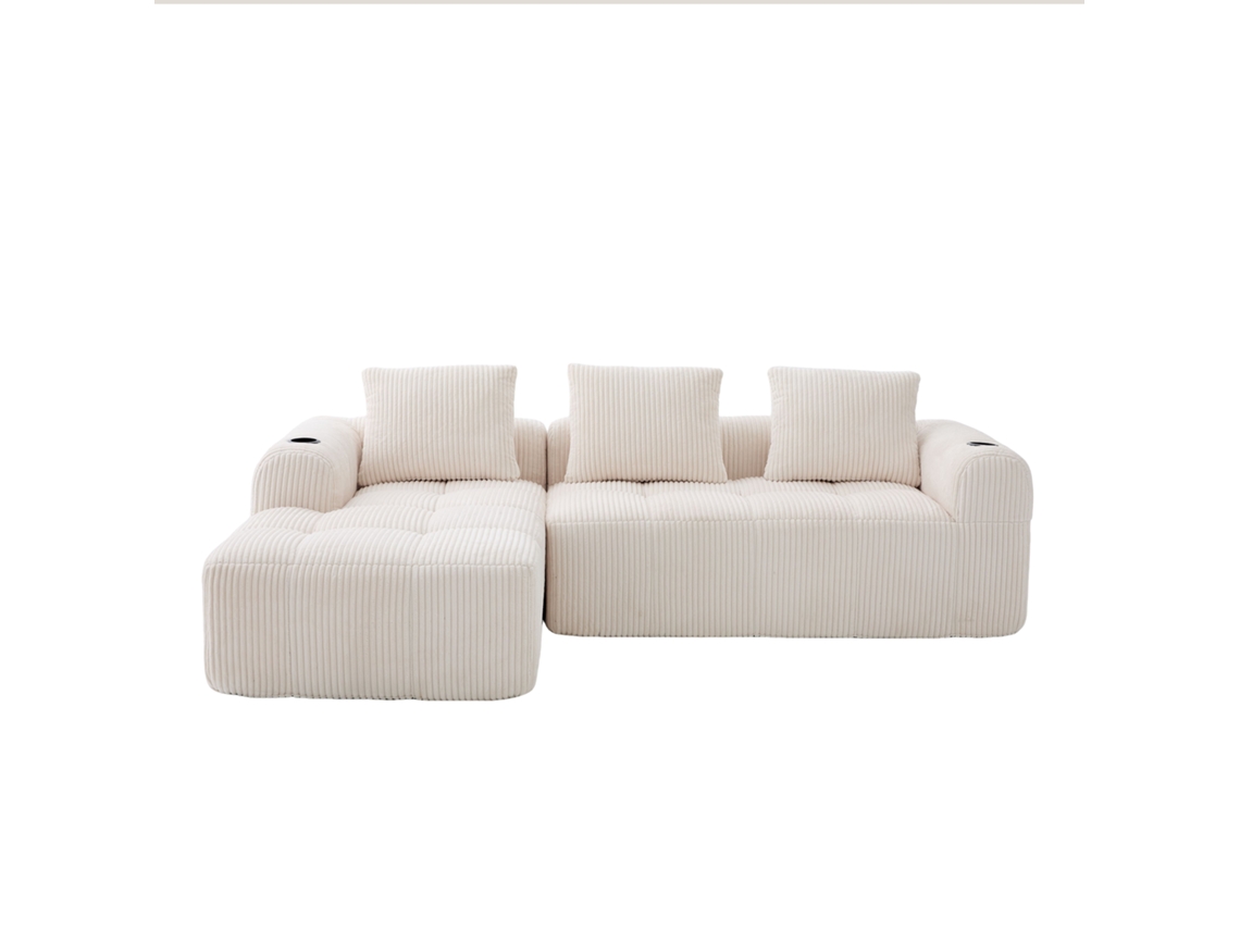 Sofá Compacto De Veludo – Conforto Modular Com Bolso Lateral E Porta-copos, Ideal Para Sala E Escritório, Inclui 3 Almofadas Em Bege