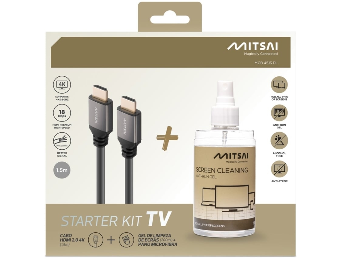 Bundle MITSAI com Cabo HDMI 2.0 (Outlet Caixa Aberta - 4K@60Hz + Líquido para Limpeza de Ecrãs 200ml)