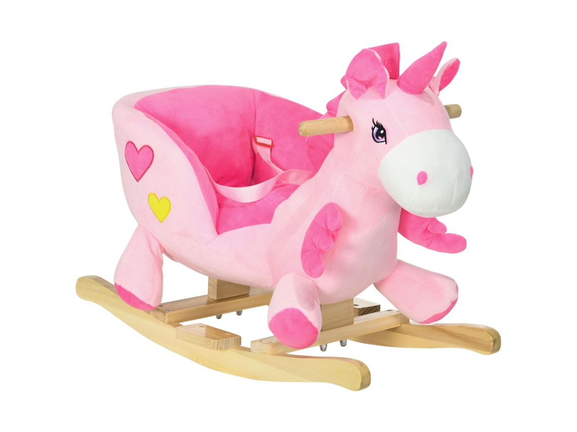Cavalo de Baloiço em Forma de Unicórnio para Crianças com Cinto de Segurança Musical, Guidão e Apoio para os Pés 65x35x45cm Rosa Ge