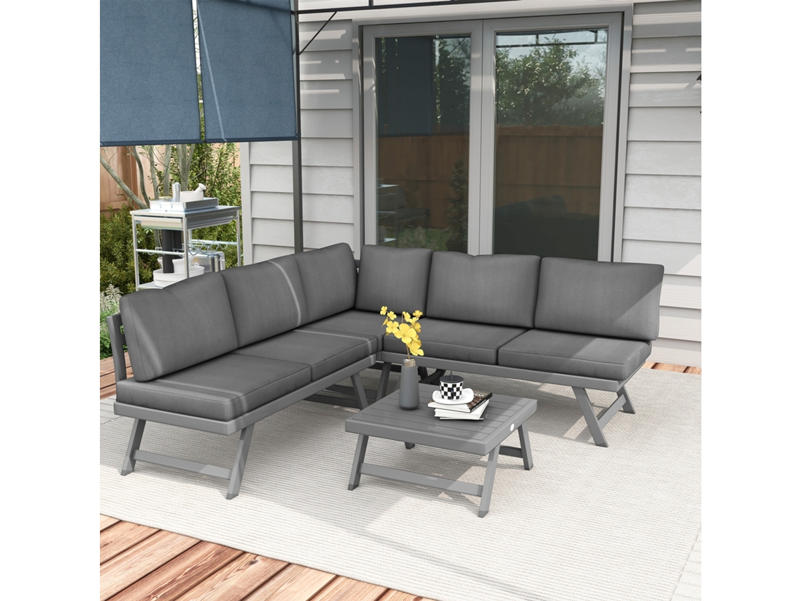 Conjunto De Jardim Em Ângulo E Conversível 4 Peças Com 2 Bancos, 1 Poltrona Canto E 1 Mesa Café.