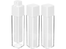 Conjunto de 3 frascos com bomba airless recarregável, design compacto e prático.