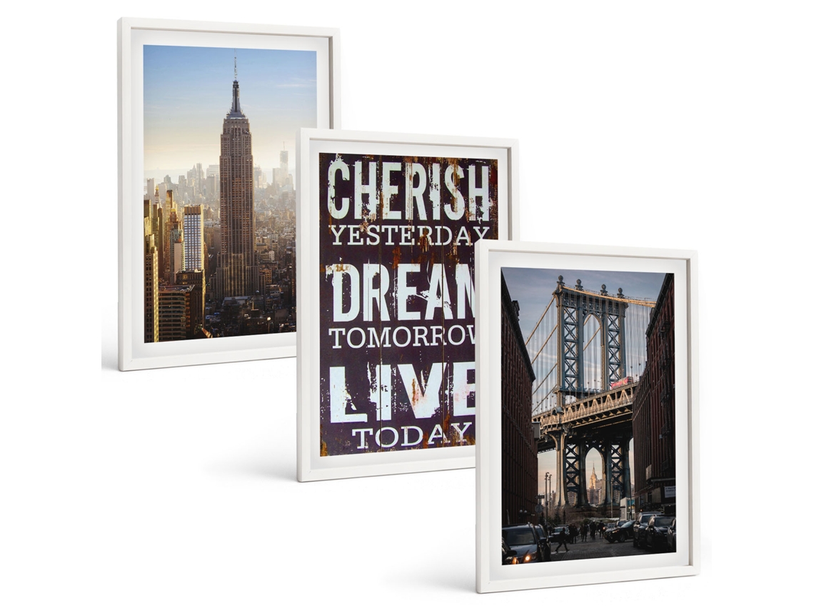 Quadros Decorativos Para Parede Citação Sobre Paisagens De Nova York Moldura Branca Pinturas De Quarto Espelharte (3 Piezas De 40x60 Cm)
