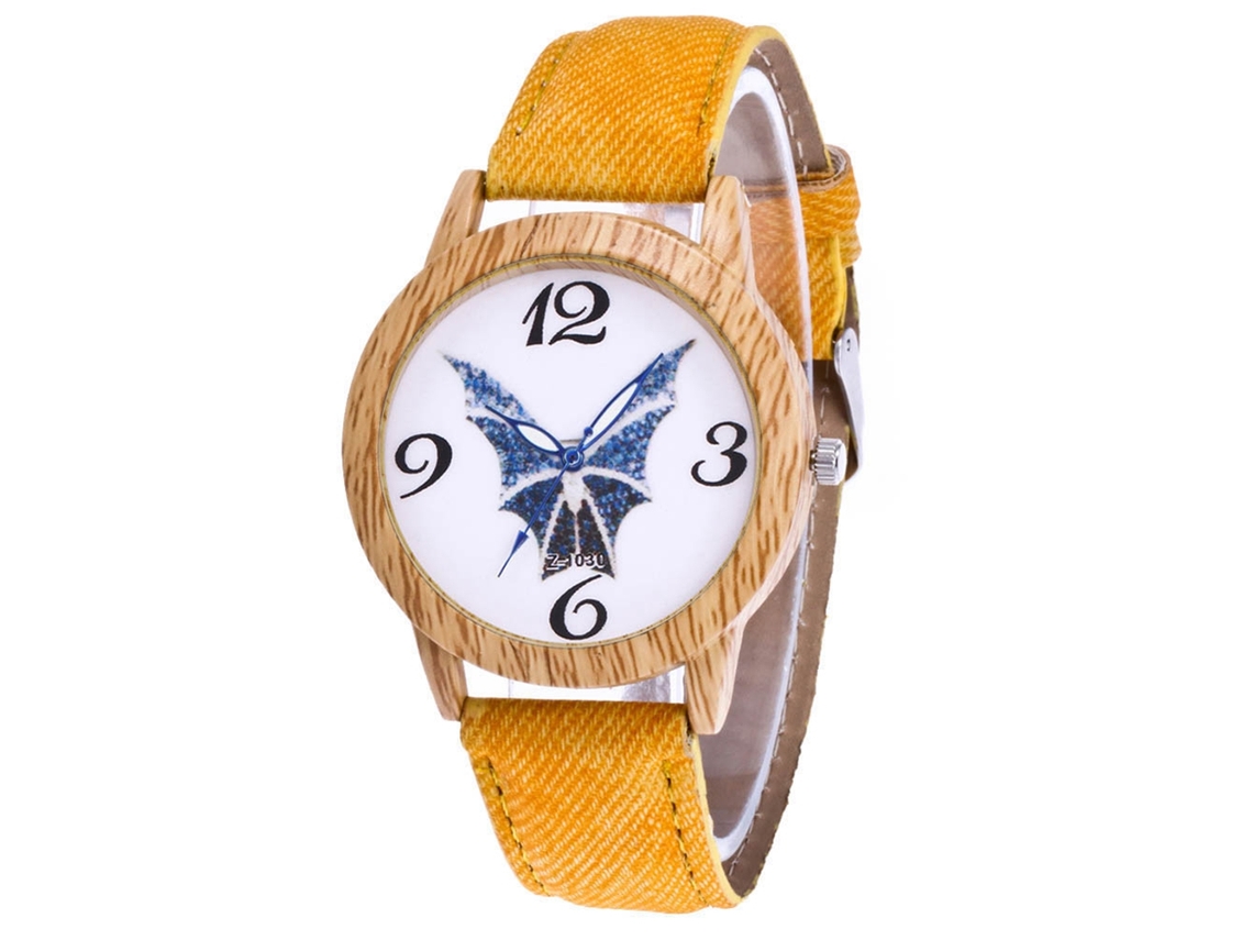 Relógio de quartzo unissex Zhoulianfa com pulseira de couro jeans e textura de madeira (amarelo)