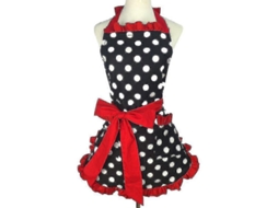 Cute Apron Retro Preto Com Pontinhos, Ruffle Lateral Vintage Para Cozinha